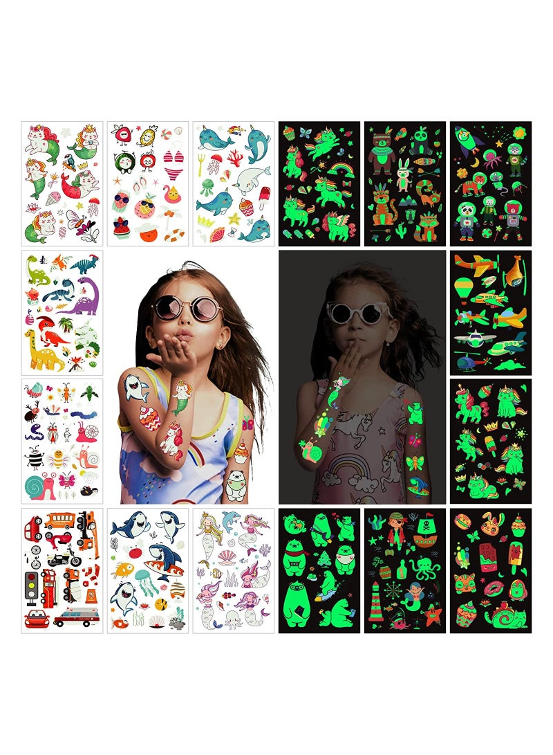 310pcs Glow Temporary Tattoos For Kids Mixed Styles Glow In The Dark Tattoos Luminous Tattoo Stickers for Boys and Girls Unicorn Dinosaur Pirate Mermaid Fake Tattoos Party Supplies Gifts