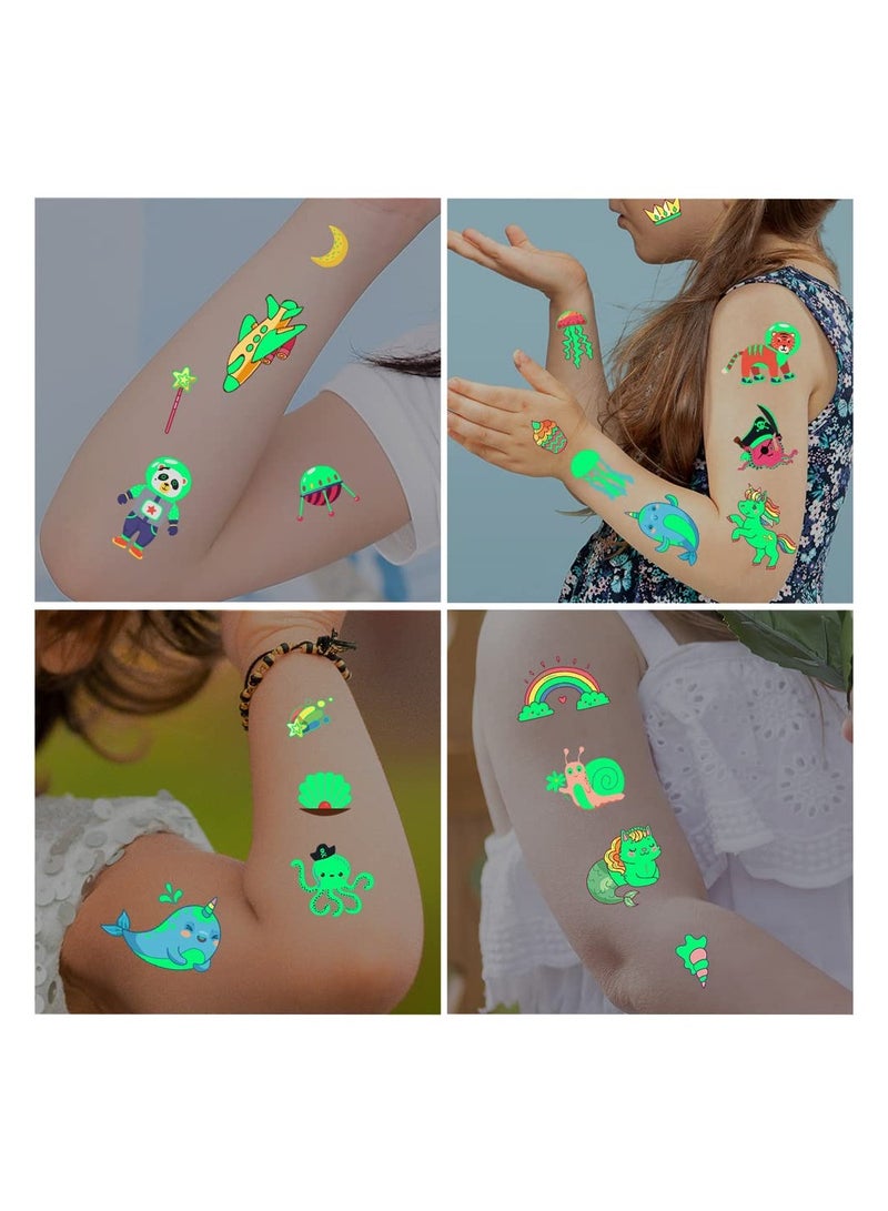 310pcs Glow Temporary Tattoos For Kids Mixed Styles Glow In The Dark Tattoos Luminous Tattoo Stickers for Boys and Girls Unicorn Dinosaur Pirate Mermaid Fake Tattoos Party Supplies Gifts