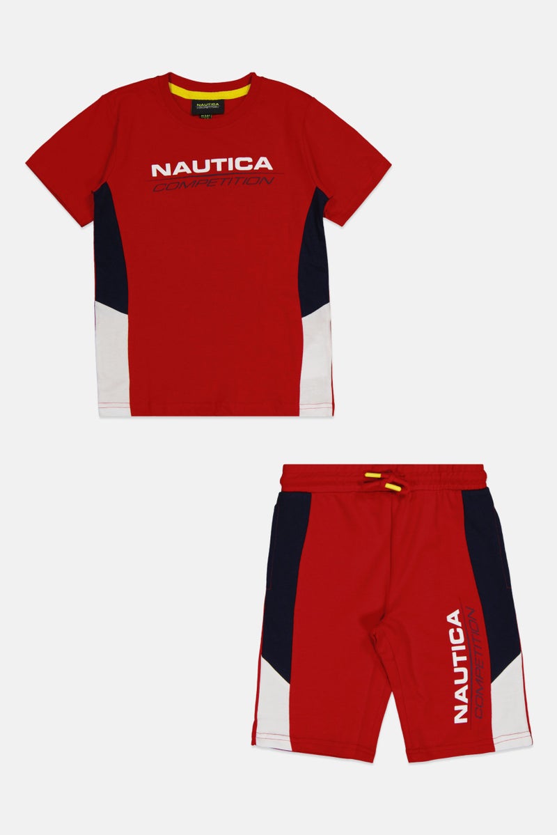 Kids Boy 2 Pcs Sportswear Fit Short Sleeve Training Top And Bottom Set, Red/Navy Combo