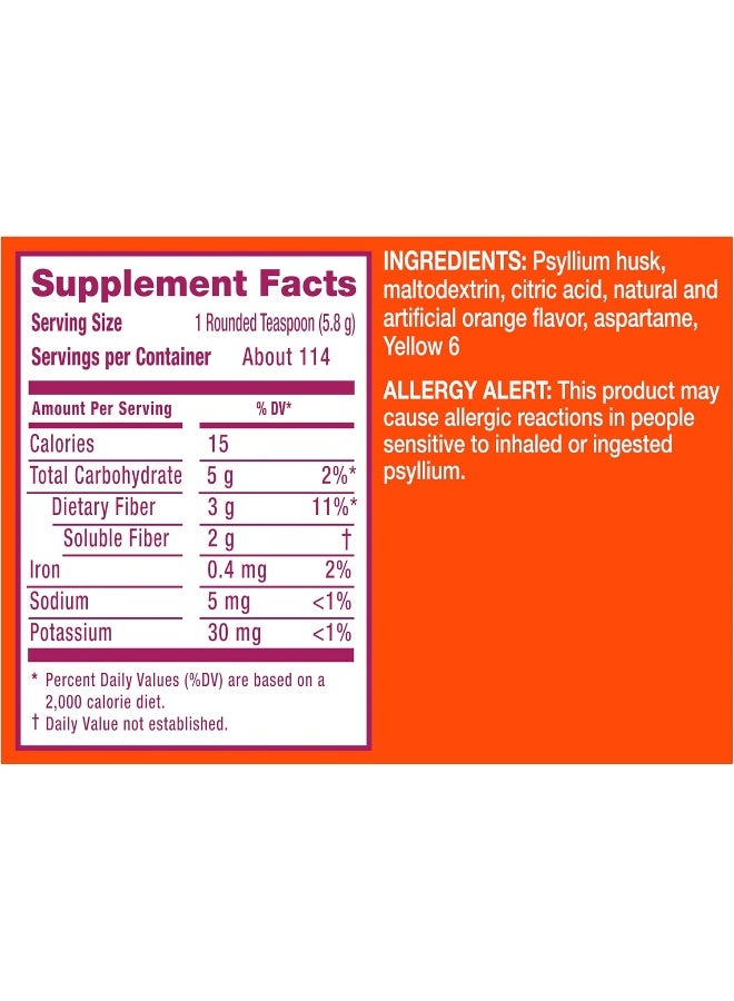 Fiber 4-In-1 Psyllium Fiber Supplement Sugar-Free Powder Orange Smooth Flavored Drink 114 Servings