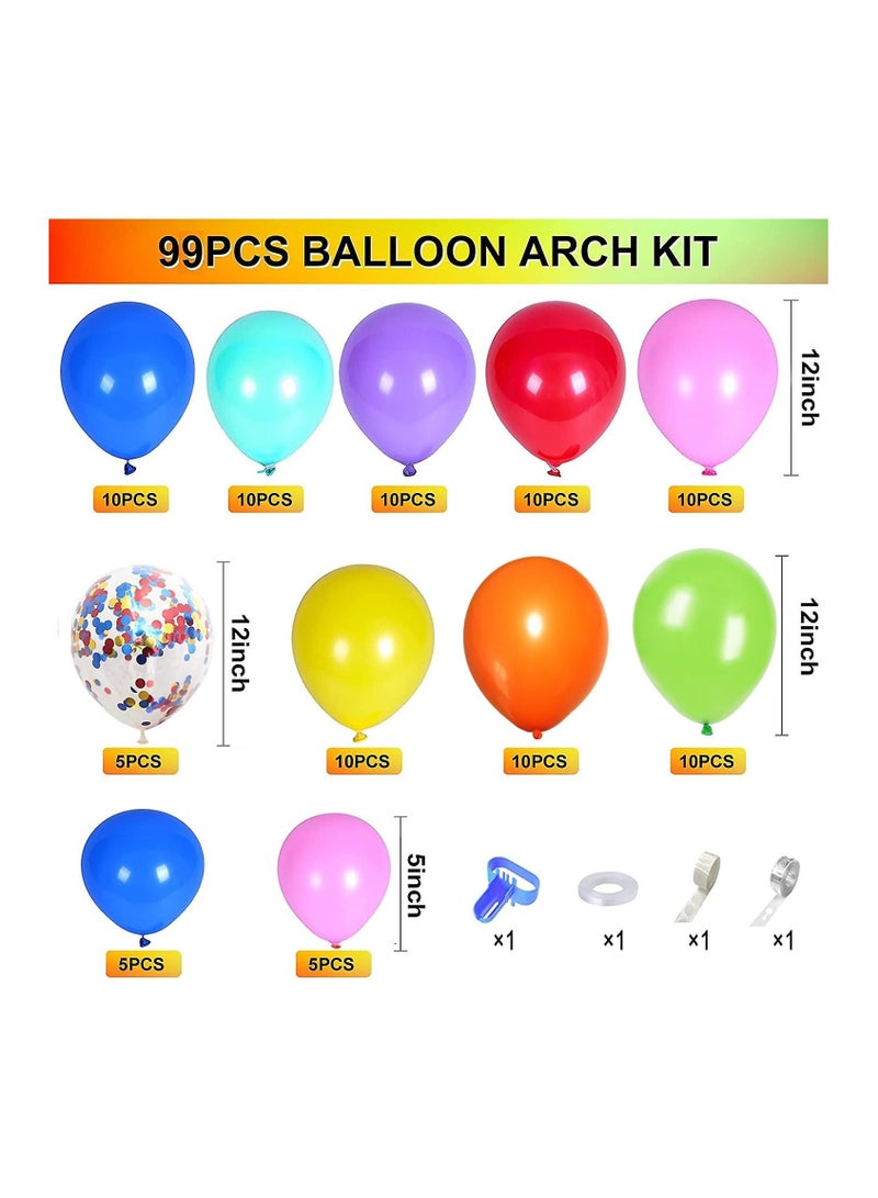Balloons Arch Kit Multicolor Blue Red Yellow Purple Green Orange Latex for Birthday Decoration Party Supplies Wedding Anniversary Baby Shower Carnival and Circus Theme (99 pcs)