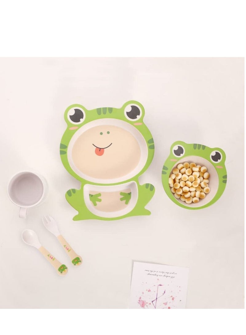 5Pcs Set Kids Dinnerware Set Children Dishes Food Plate Bowl Cup Spoon Fork Set Natural Bamboo Fiber Dishware BPA Free Dishwasher Safe