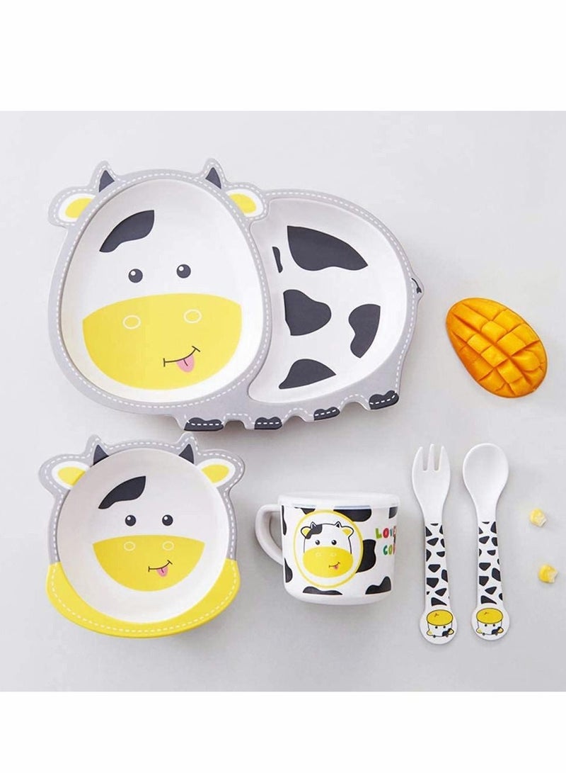 5Pcs/Set Kids Dinnerware Set - Children Dishes - Food Plate Bowl Cup Spoon Fork Set Natural Bamboo Fiber Dishware, BPA Free Dishwasher Safe (Cow)