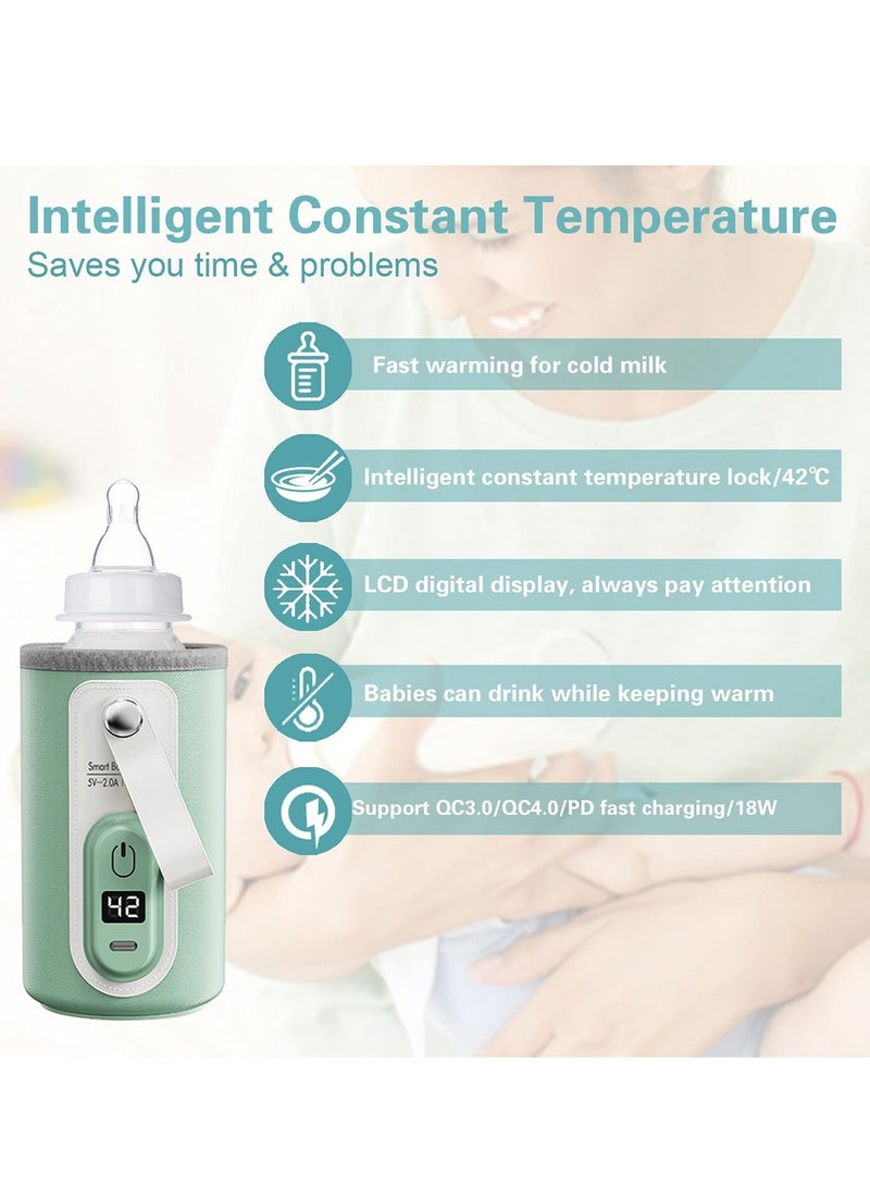 Portable Bottle Warmer with LCD Display, USB Rechargeable Wireless Water Bottle Warmer for Formula Milk, Fast and Accurate Heating of Baby Bottle Warmer for Car and Travel (Green)