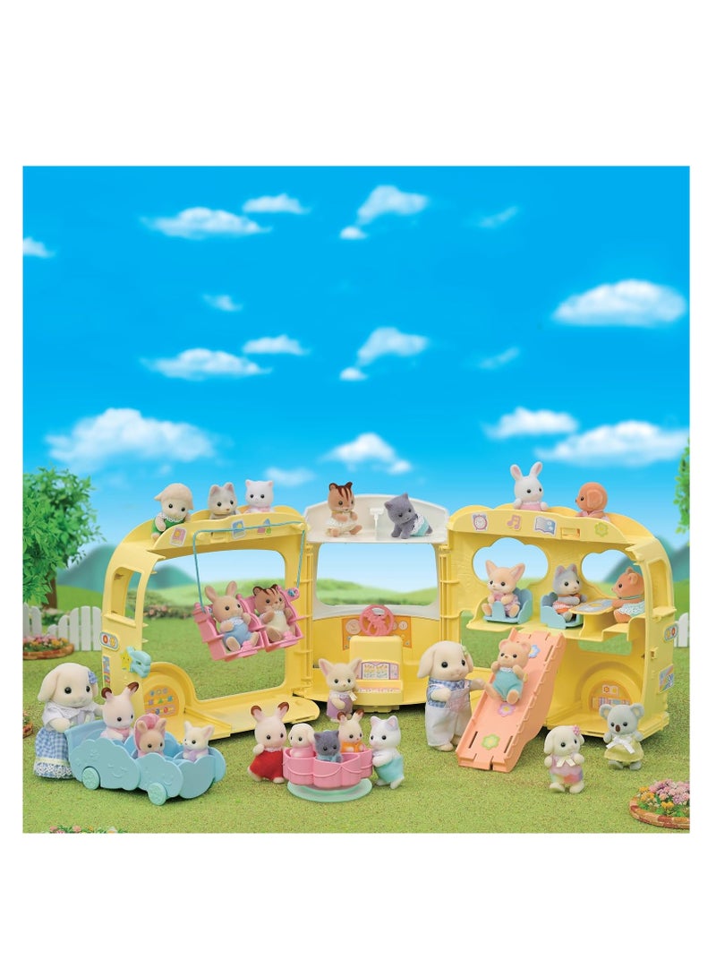 Adventure Nursery Bus Rainbow Playset | 3-Story Bus with Slide, Swing, Carousel, and Stroller | Holds Up to 28 Baby Figures | Ages 3 & Up