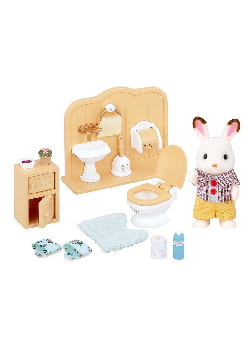 Chocolate Rabbit Brother with Bathroom Accessories | Includes Sink, Toilet, Bath Mat, Soap, and Toilet Paper | Velvety Doll, 7 cm | Ideal for Ages 3 & Up