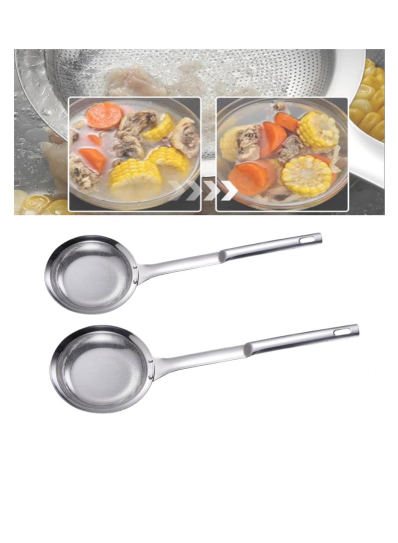 Fine Mesh Stainless Steel Colander, 2 Pcs S+L Stainless Steel Fine Mesh Strainer for Oil Filter Skimming Grease and Foam, Skimmer Spoon Fine Mesh Strainer with Long Handle Large Holes