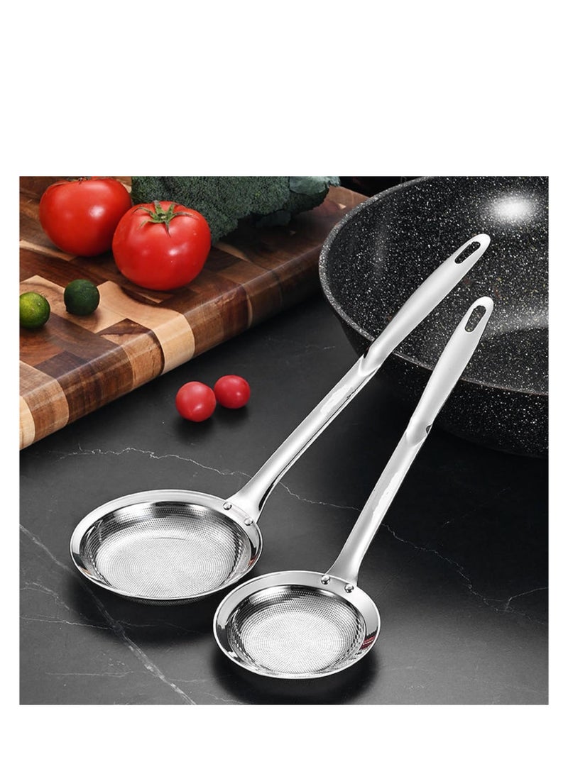 Fine Mesh Stainless Steel Colander, 2 Pcs S+L Stainless Steel Fine Mesh Strainer for Oil Filter Skimming Grease and Foam, Skimmer Spoon Fine Mesh Strainer with Long Handle Large Holes