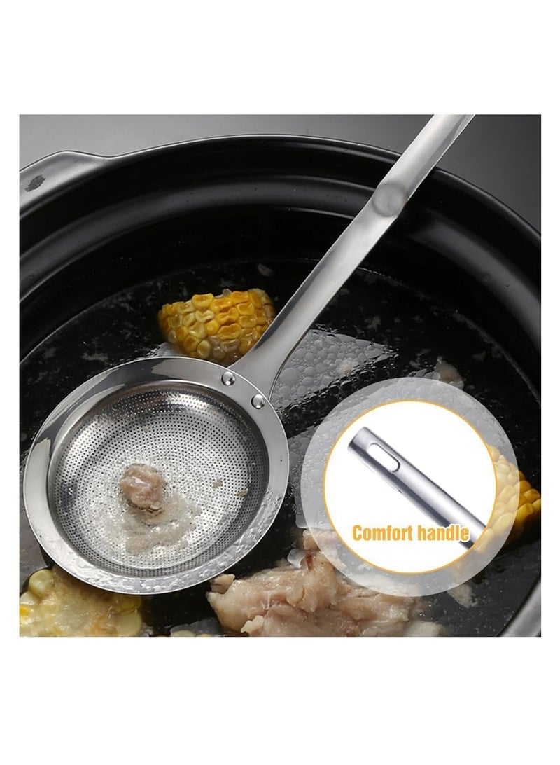 Fine Mesh Stainless Steel Colander, 2 Pcs S+L Stainless Steel Fine Mesh Strainer for Oil Filter Skimming Grease and Foam, Skimmer Spoon Fine Mesh Strainer with Long Handle Large Holes