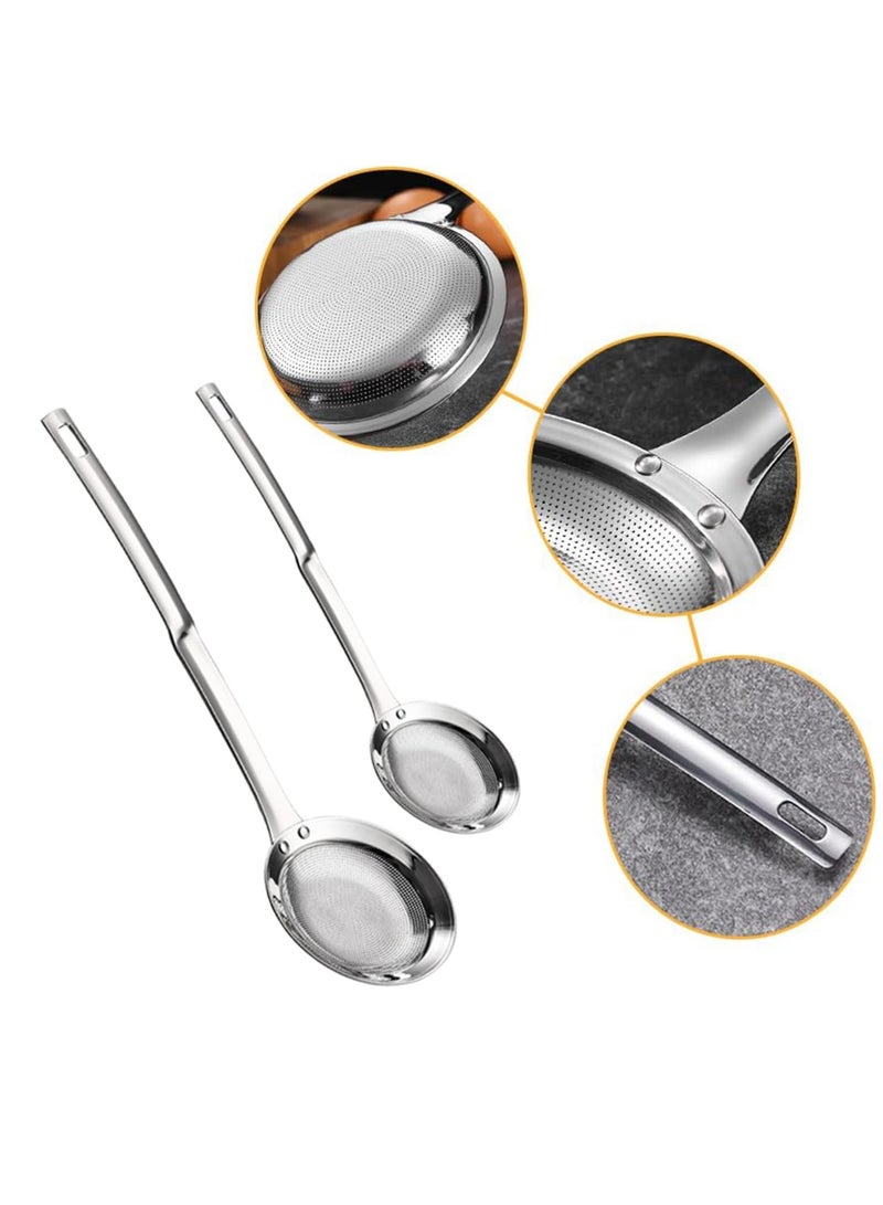 Fine Mesh Stainless Steel Colander, 2 Pcs S+L Stainless Steel Fine Mesh Strainer for Oil Filter Skimming Grease and Foam, Skimmer Spoon Fine Mesh Strainer with Long Handle Large Holes