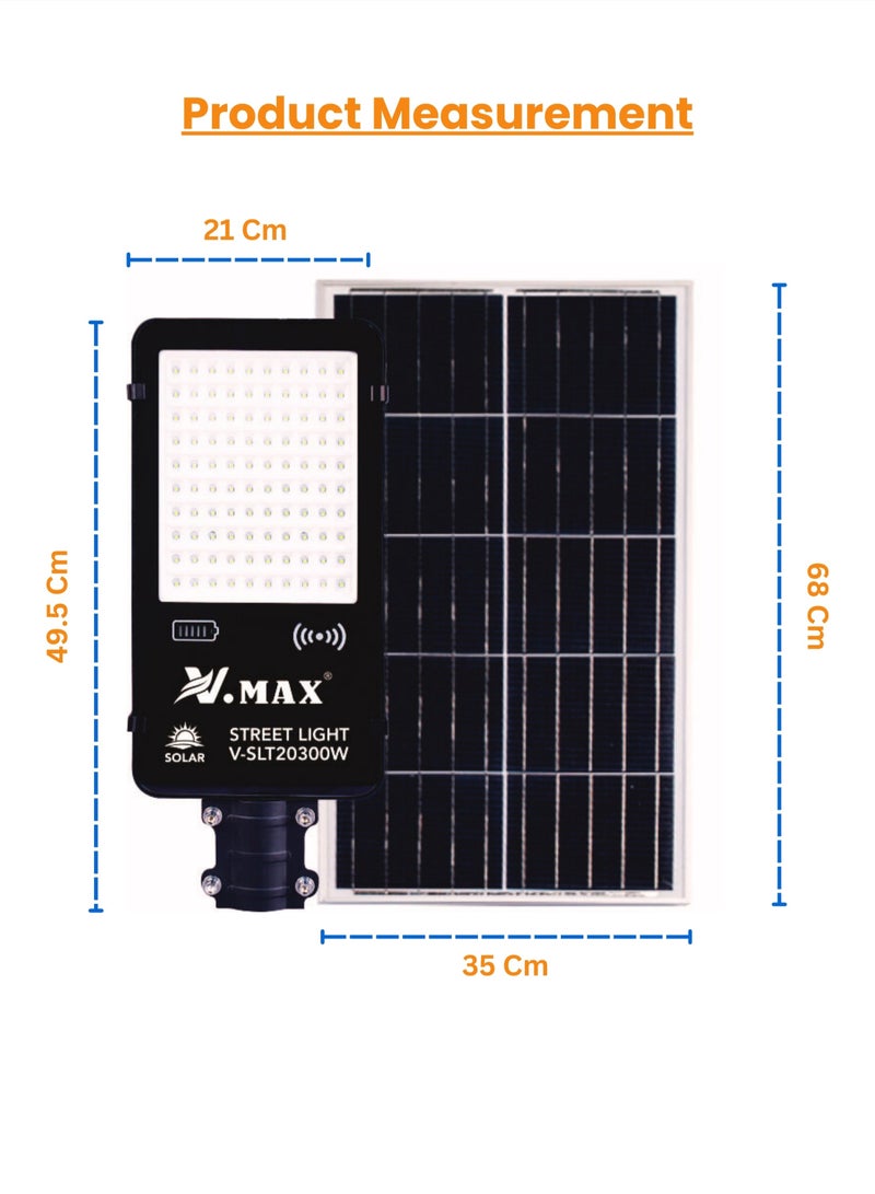 Solar LED Street Light 300W Outdoor | Remote Control | Wide Angle Motion Sensor | 6500K Bright White Dusk to Dawn Illumination | 30000MAh Battery | IP65 Waterproof | 2300 LM | Commercial, Parking Lot