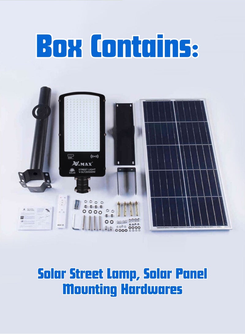 Solar LED Street Light 500W Outdoor | Remote Control | Wide Angle Motion Sensor | 6500K Bright White Dusk to Dawn Illumination | 50000MAh Battery | IP65 Waterproof | 2300 LM | Commercial, Parking Lot