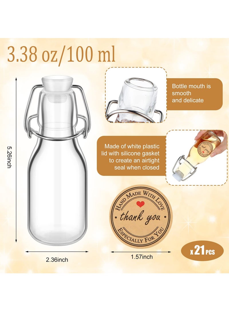 20 PCS 100ml Mini Flip Top Glass Bottles with Stoppers, Decorative Swing Top Bottles with Lids and Kraft Adhesive Round Stickers, Ideal for Wedding and Themed Party Favors