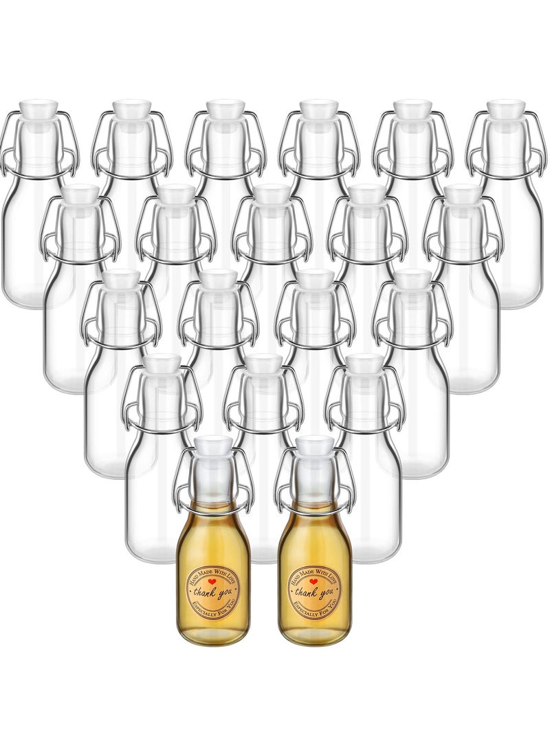 20 PCS 100ml Mini Flip Top Glass Bottles with Stoppers, Decorative Swing Top Bottles with Lids and Kraft Adhesive Round Stickers, Ideal for Wedding and Themed Party Favors