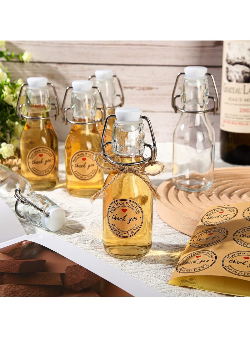 20 PCS 100ml Mini Flip Top Glass Bottles with Stoppers, Decorative Swing Top Bottles with Lids and Kraft Adhesive Round Stickers, Ideal for Wedding and Themed Party Favors