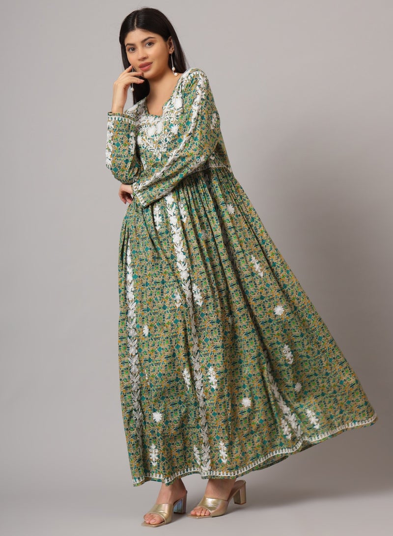 Hand Embroidered Lucknowi Chikankari Printed Mulmul Cotton Jalabiya-AL3936