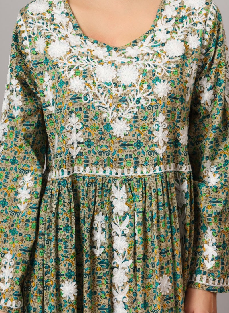 Hand Embroidered Lucknowi Chikankari Printed Mulmul Cotton Jalabiya-AL3936