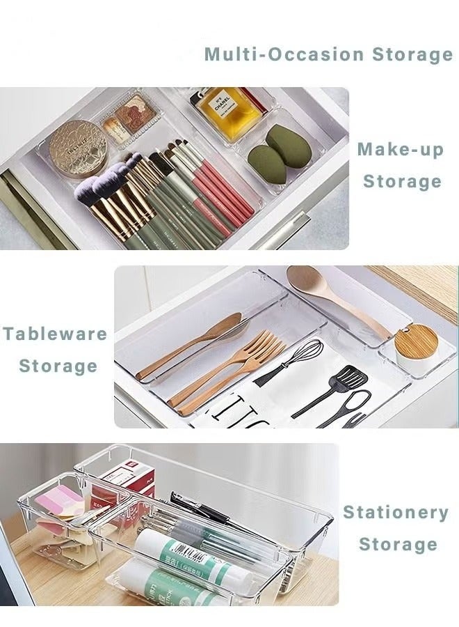 16PCS Clear Plastic Drawer Organizer Set 4 Sizes Desk Drawer Divider Organizers and Storage Bins for Makeup Jewelry Gadgets for Kitchen Bedroom Bathroom Office