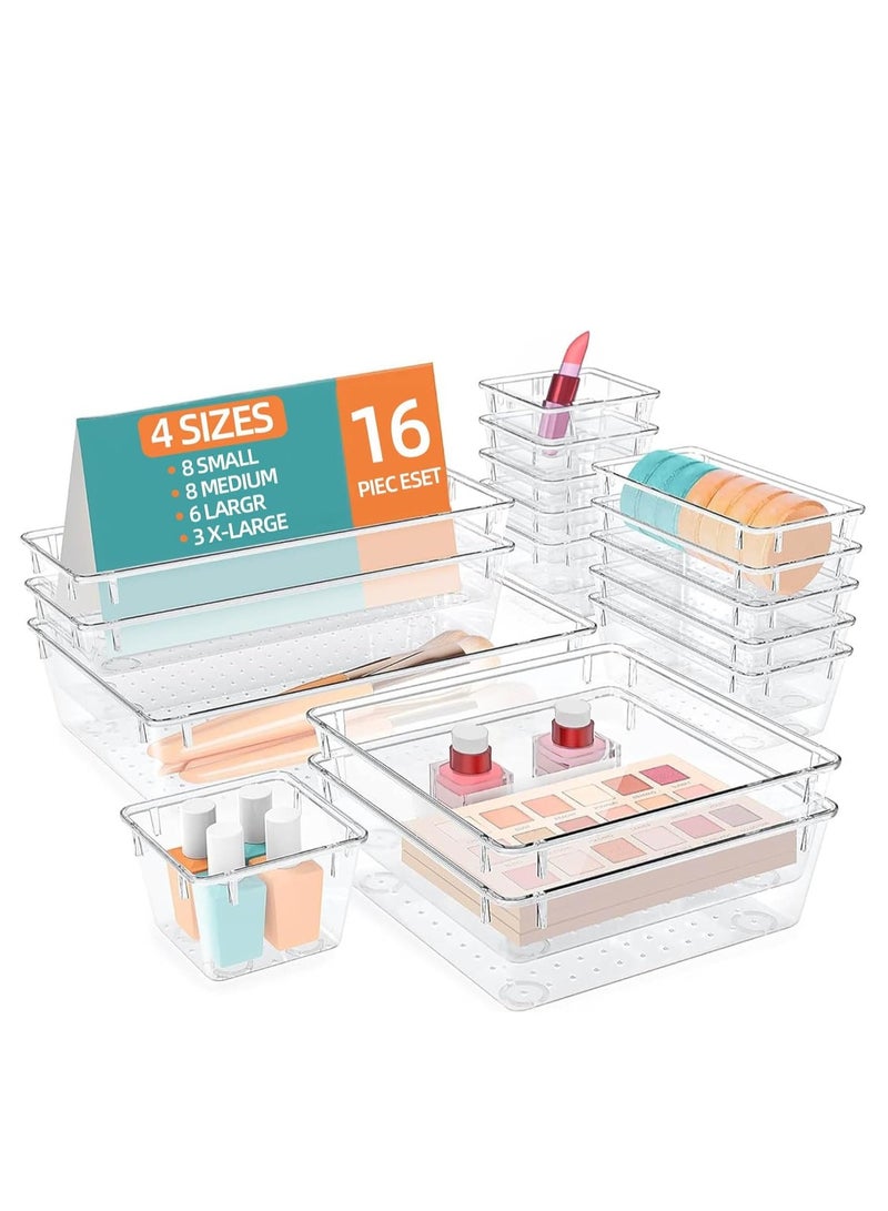 16PCS Clear Plastic Drawer Organizer Set 4 Sizes Desk Drawer Divider Organizers and Storage Bins for Makeup Jewelry Gadgets for Kitchen Bedroom Bathroom Office