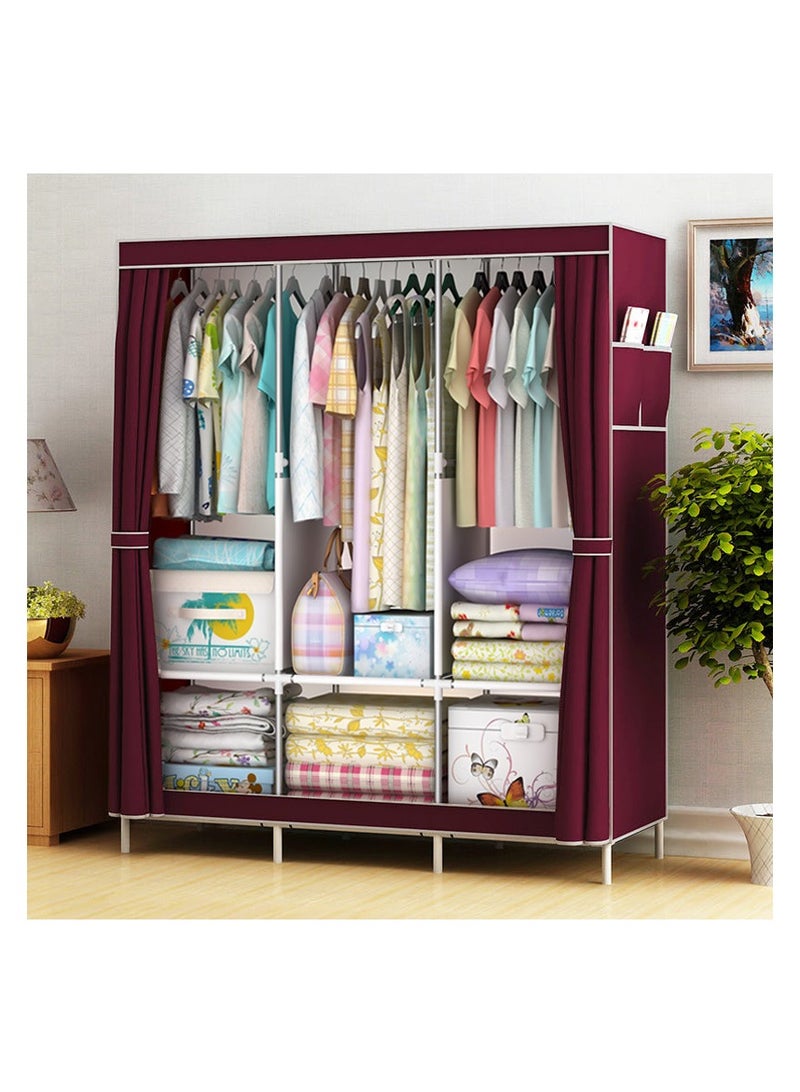 Wardrobe Storage Closet,Fabric Clothes Organizer With Side Pockets,Zipper And Hanging Rail,Foldable Non-Woven Textile Storage Clothing Rack,Red