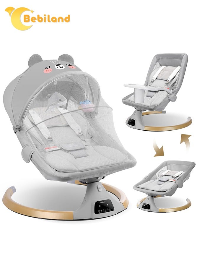 Bear Shape Baby Swing with Detachable Dinner Plate, 3-in-1 Electric Rocking Chair with Remote Control, 4 Gears Sway Time, Bluetooth Support Baby Bouncer for 0-24 Months Toddler Infant (Grey)