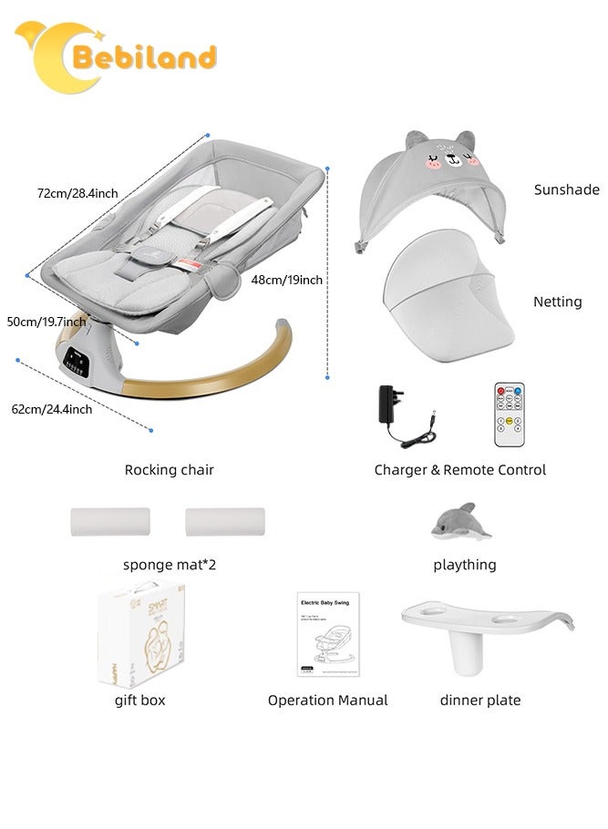 Bear Shape Baby Swing with Detachable Dinner Plate, 3-in-1 Electric Rocking Chair with Remote Control, 4 Gears Sway Time, Bluetooth Support Baby Bouncer for 0-24 Months Toddler Infant (Grey)