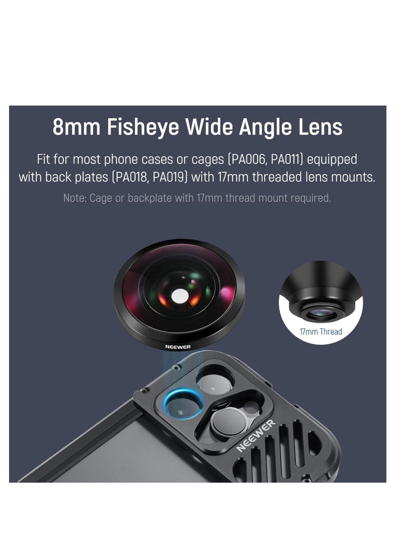 HD 8mm Fisheye Lens for 17mm Thread Compatible with SmallRig iPhone Samsung Cases 220 Degree Wide Angle