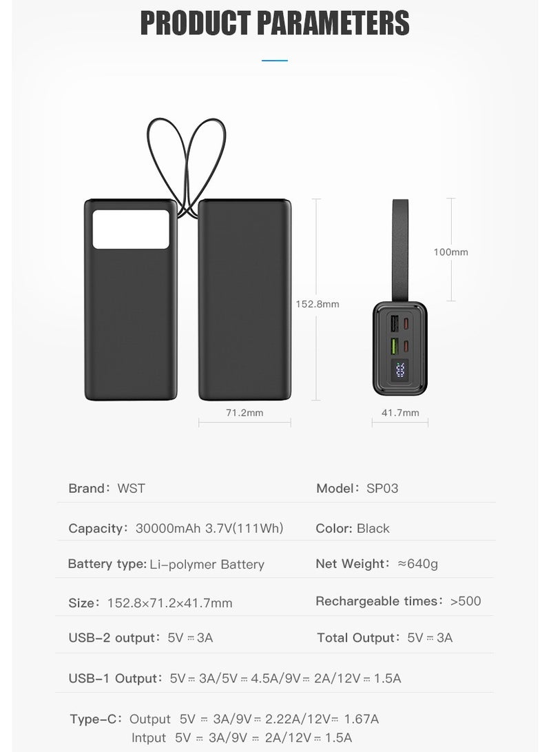 WST 30000mAh Power Bank, 4-Ports (2USB-A (with 22.5W output), 2Type-C (with 18W input / 20W Output)), Digital Display, Compatible with iPhone and Android All Devices, Super Fast PD Charging