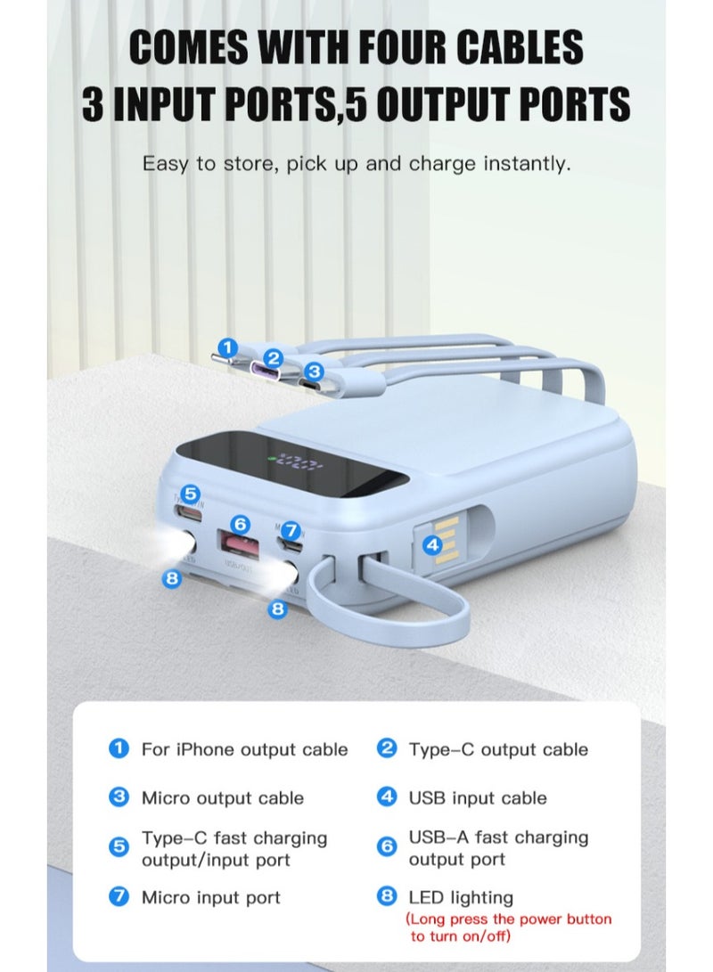 WST 10000mAh Powerbank, SCP 22.5W Fast Charging Output, Intelligent Digital Display, Come with 4 Built-in-cables, 3Inputs & 5Outputs Ports, Emergency LED Light - Blue