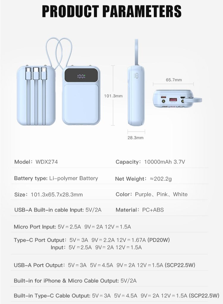 WST 10000mAh Powerbank, SCP 22.5W Fast Charging Output, Intelligent Digital Display, Come with 4 Built-in-cables, 3Inputs & 5Outputs Ports, Emergency LED Light - Blue