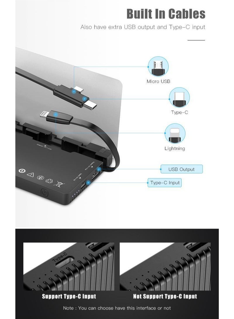 WST Powerbanks Charger Station 8in1 Portable Battery Pack Built In Cable Compatible with Lightning USB-C Micro USB Fast Charging Compact Slim 8000mAh Compatible with iPhone Samsung iPad (Silver)