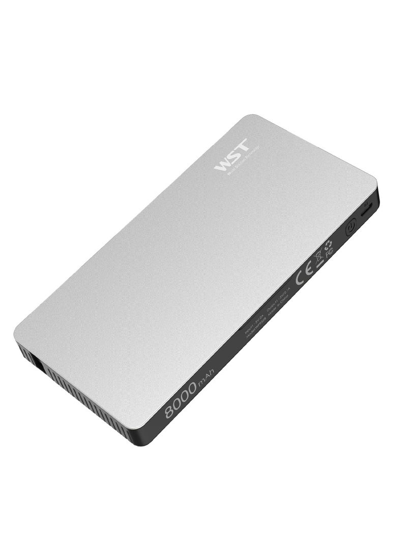 WST Powerbanks Charger Station 8in1 Portable Battery Pack Built In Cable Compatible with Lightning USB-C Micro USB Fast Charging Compact Slim 8000mAh Compatible with iPhone Samsung iPad (Silver)