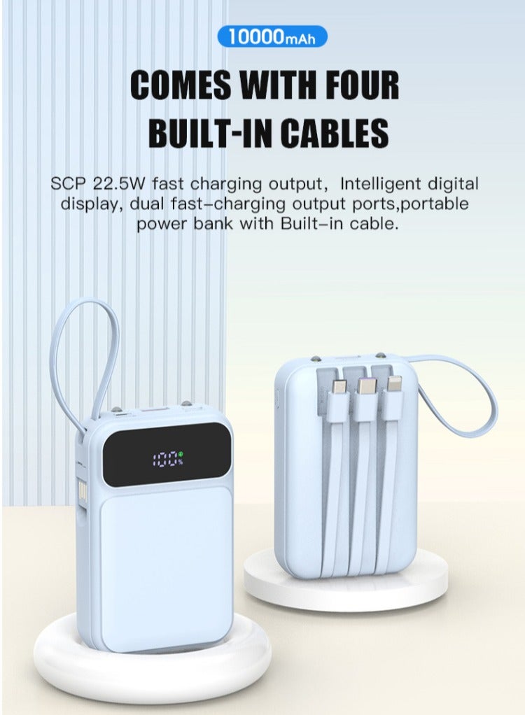 WST 10000mAh Powerbank, SCP 22.5W Fast Charging Output, Intelligent Digital Display, Come with 4 Built-in-cables, 3Inputs & 5Outputs Ports, Emergency LED Light - White