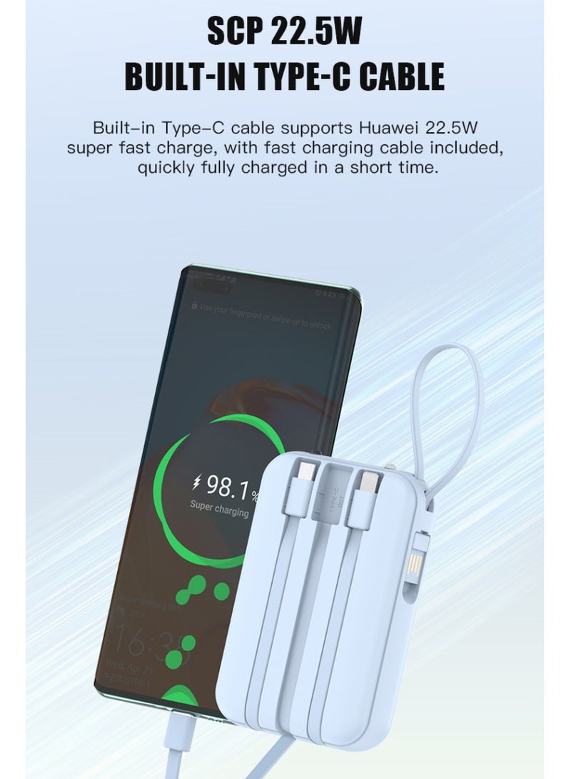 WST 10000mAh Powerbank, SCP 22.5W Fast Charging Output, Intelligent Digital Display, Come with 4 Built-in-cables, 3Inputs & 5Outputs Ports, Emergency LED Light - White