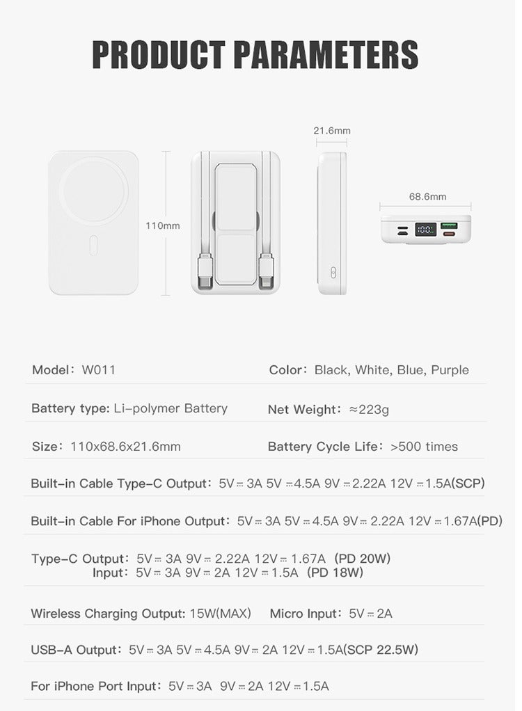 WST 10000mAh Wireless Magnetic Fast Charging Powerbank, Intelligent Digital Display, Integrated Stand, 2 Built-in-cables (1TypeC & 1Lightning), Other than Wireless -- 3Inputs & 4Outputs Ports for Charging - Blue