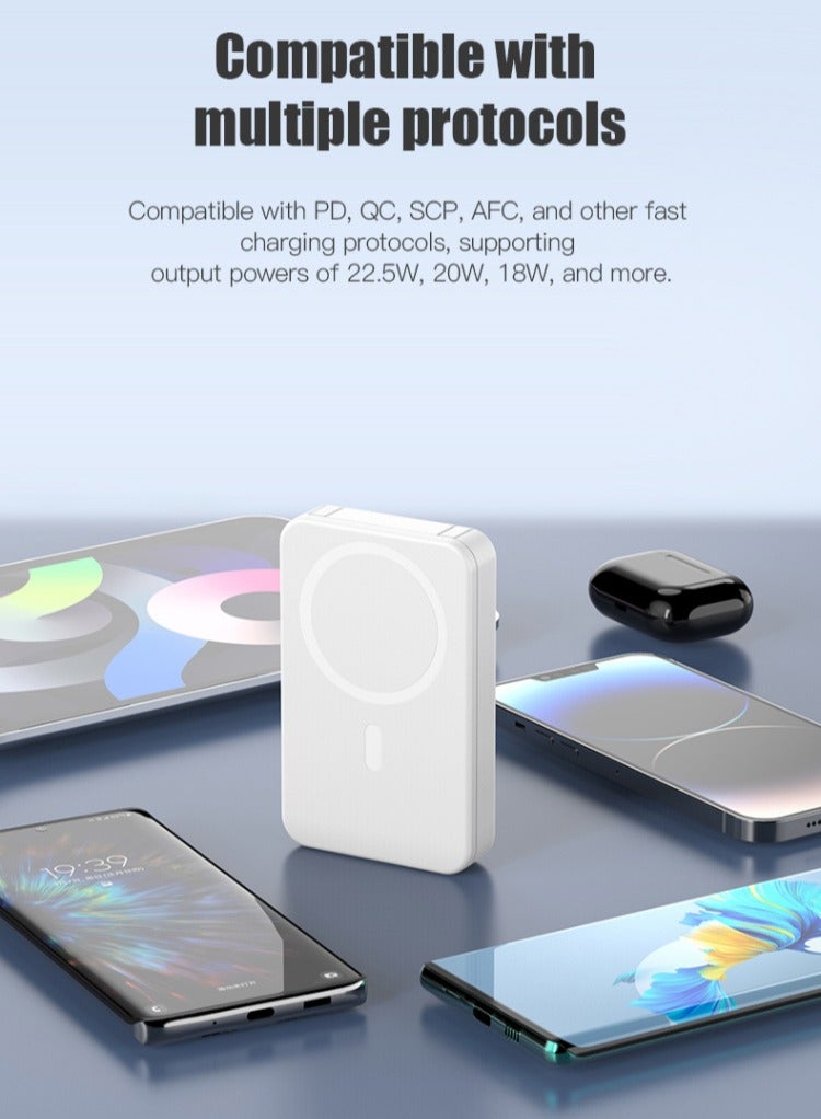 WST 10000mAh Wireless Magnetic Fast Charging Powerbank, Intelligent Digital Display, Integrated Stand, 2 Built-in-cables (1TypeC & 1Lightning), Other than Wireless -- 3Inputs & 4Outputs Ports for Charging - White