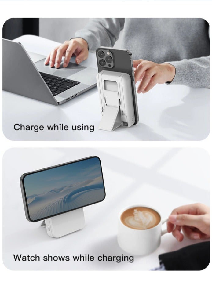 WST 10000mAh Wireless Magnetic Fast Charging Powerbank, Intelligent Digital Display, Integrated Stand, 2 Built-in-cables (1TypeC & 1Lightning), Other than Wireless -- 3Inputs & 4Outputs Ports for Charging - White