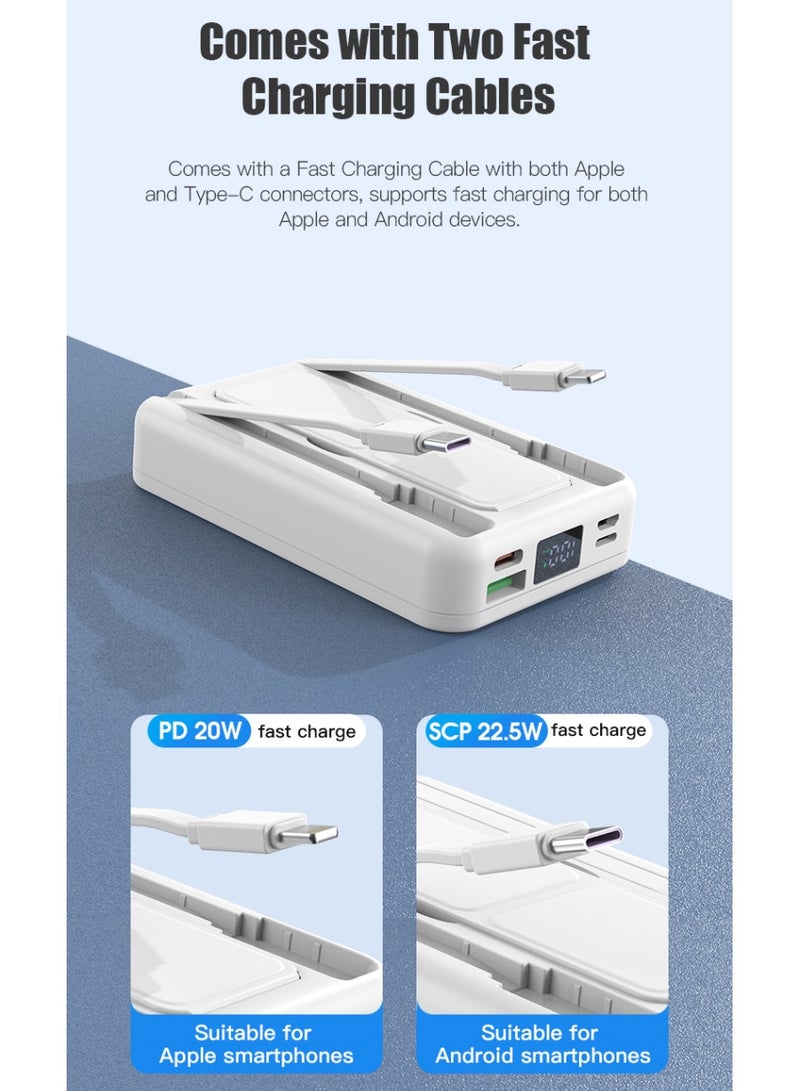 WST 10000mAh Wireless Magnetic Fast Charging Powerbank, Intelligent Digital Display, Integrated Stand, 2 Built-in-cables (1TypeC & 1Lightning), Other than Wireless -- 3Inputs & 4Outputs Ports for Charging - White