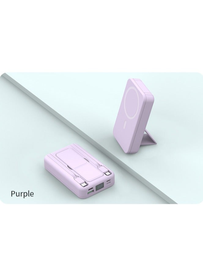 WST 10000mAh Wireless Magnetic Fast Charging Powerbank, Intelligent Digital Display, Integrated Stand, 2 Built-in-cables (1TypeC & 1Lightning), Other than Wireless -- 3Inputs & 4Outputs Ports for Charging - Purple