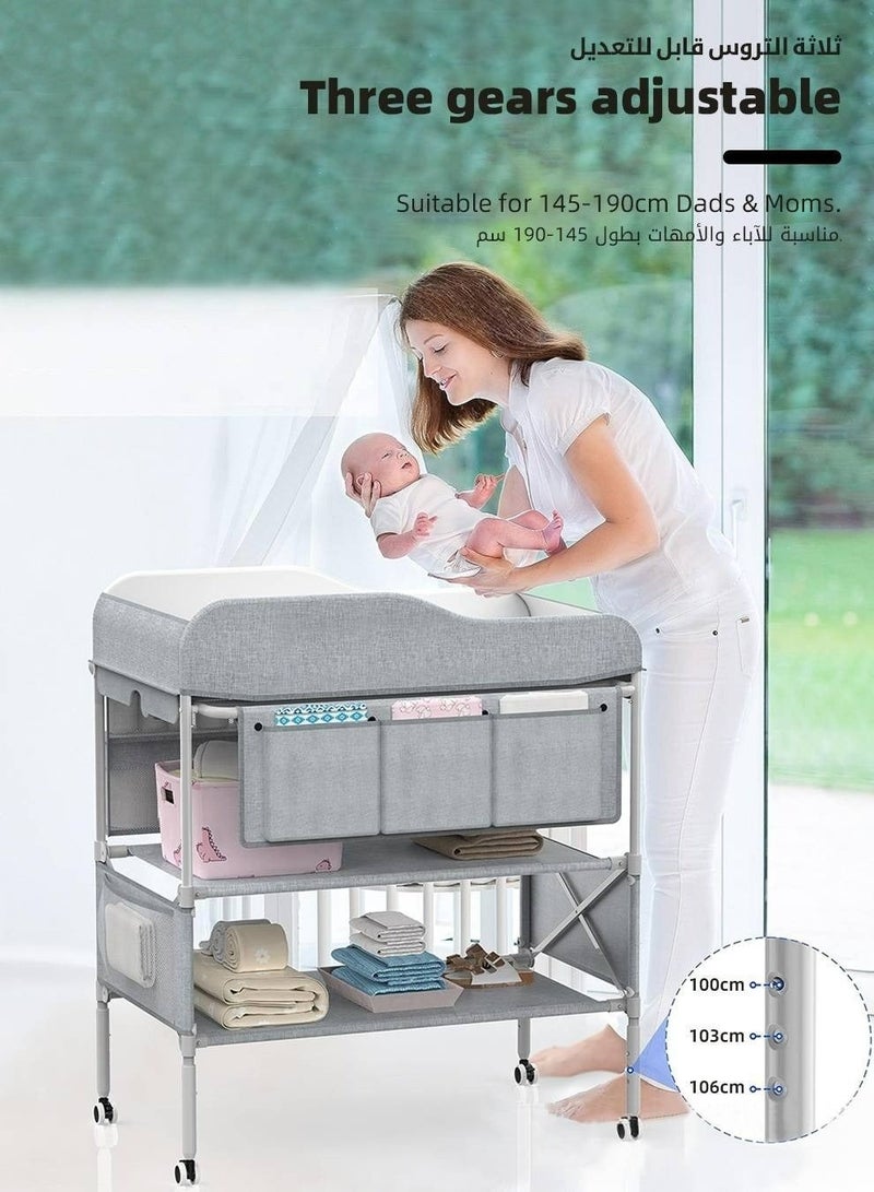 Portable Foldable Diaper Changing Station With Wheels, Grey