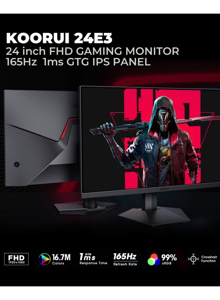 24 FHD IPS Gaming Monitor, Ultra Slim Frame, 165Hz Refresh Rate, 1ms Response Time, 99% sRGB, FreeSync (G-Sync Compatible) VESA Mountable, HDMI / DisplayPort, Black | 24E3