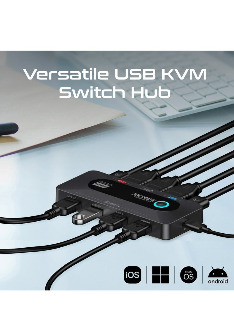 KVM Switch Selector with USB Hub, Four 5Gbps USB-A 3.0 Output Ports Switched To The Selected Input, Dual 4K HDMI Inputs, HDMI Output, Input Toggle Button, Included Cables | MediaSwitch-KVM Black
