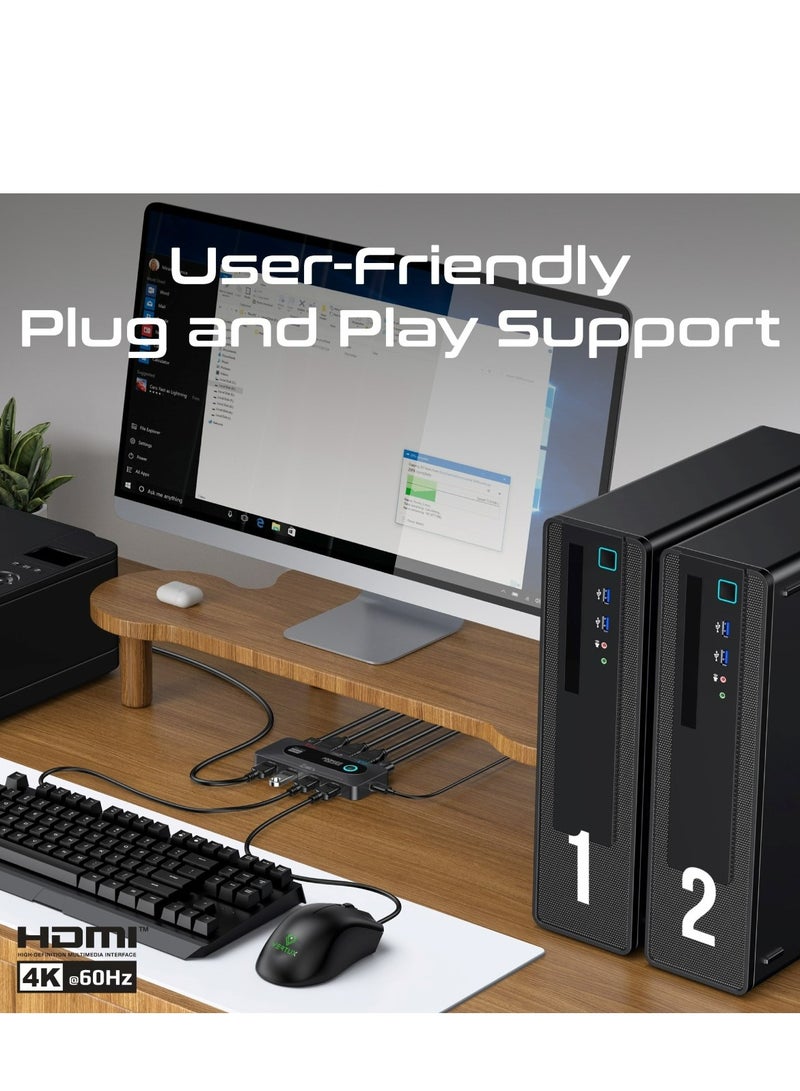 KVM Switch Selector with USB Hub, Four 5Gbps USB-A 3.0 Output Ports Switched To The Selected Input, Dual 4K HDMI Inputs, HDMI Output, Input Toggle Button, Included Cables | MediaSwitch-KVM Black