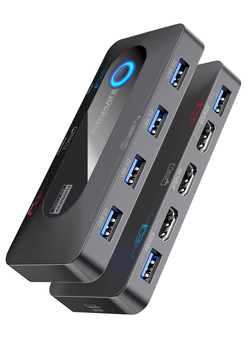 KVM Switch Selector with USB Hub, Four 5Gbps USB-A 3.0 Output Ports Switched To The Selected Input, Dual 4K HDMI Inputs, HDMI Output, Input Toggle Button, Included Cables | MediaSwitch-KVM Black