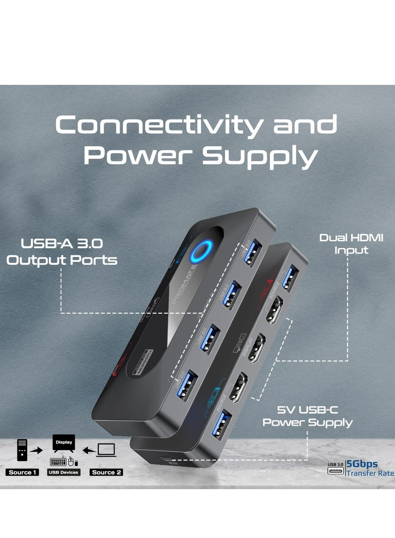 KVM Switch Selector with USB Hub, Four 5Gbps USB-A 3.0 Output Ports Switched To The Selected Input, Dual 4K HDMI Inputs, HDMI Output, Input Toggle Button, Included Cables | MediaSwitch-KVM Black