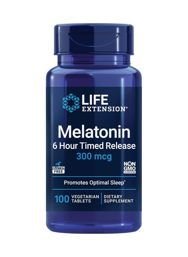 Life Extension Melatonin 6 Hour Timed Release, 300 mcg, Extended-Release Formula for Gentle Sleep Support, Healthy circadian Rhythms, Cellular Defense, Gluten-Free, Non-GMO, Vegetarian, 100 Tablets