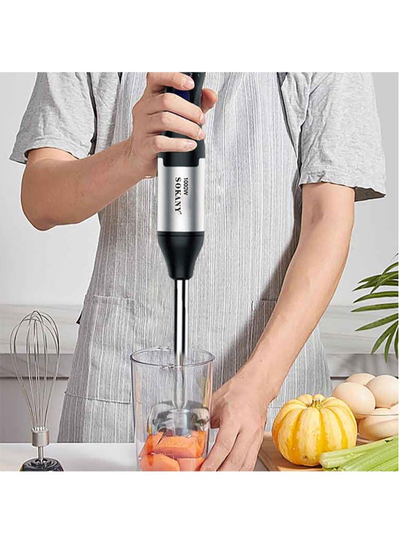 Hand Blender With Two Speed Adjustable 1000 Watt 4-In-1 Stainless Steel Blades Ergonomic Handle With Chopper Whisk 700ml Mixing Beaker Detachable Electric Stick Blender Set