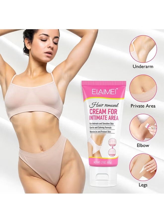 Hair Removal Cream For Intimate Area-Painless Flawless Depilatory Cream For Private Areas, Pubic, Bikini, Body, Leg, And Underarms, Sensitive Formula For All Skin Types, Long-Lasting Fast-Acting 60G