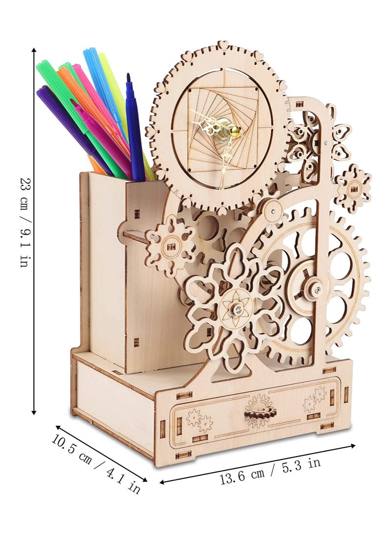 DIY Wooden Clock with Music Box & Pen Holder, Silent Mechanical Clock Model Kits for Creative Assembly, Perfect Woodcraft Gift for Home & Office