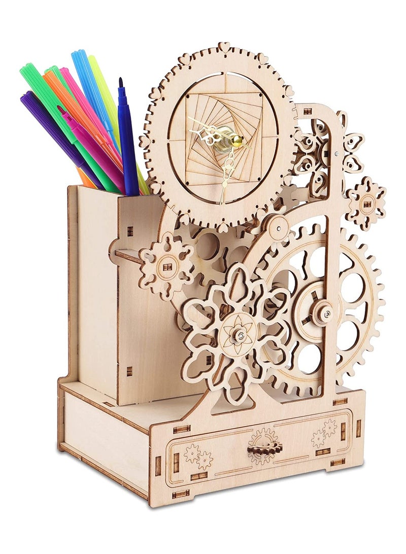 DIY Wooden Clock with Music Box & Pen Holder, Silent Mechanical Clock Model Kits for Creative Assembly, Perfect Woodcraft Gift for Home & Office